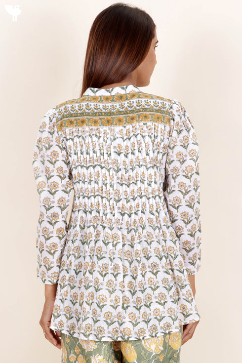 Mulmul Cotton Button Down Topin Floral Block Print